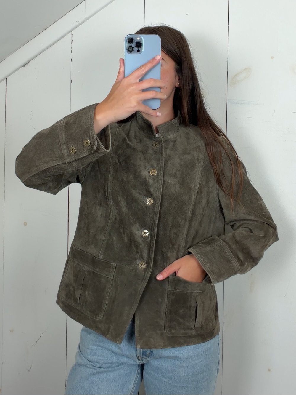 Vintage Liz Claiborne Green Suede Button Front Stand Collar Jacket Women’s Large